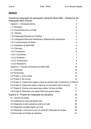 de2 31 DAS - UFSC Profº Ricardo Rabelo
"
ÍNDICE!
"
Tutorial de integração de aplicações utilizando Mule ESB – Plataforma de
Integração Open Source." 1"
Capitulo 1 - Introdução teórica." 3"
1.1 Introdução" 3"
1.2. Características de um ESB" 3"
1.2.1 Difusão" 3"
1.2.3 Integração Baseada em Padrões" 3"
1.2.4 Integração Altamente Distribuída e Seletivamente Implantada" 4"
1.2.5 Transformação de Dados" 4"
1.3. Arquitetura do Mule ESB" 4"
1.3.1 Serviços" 5"
1.3.2 Transportes" 6"
1.3.2.1 Conectores" 7"
1.3.2.2 Endpoints" 7"
1.3.2.3 Transformers" 8"
1.3.2.3 Roteadores" 8"
Capitulo 2 - Tutoriais introdutórios do Mule ESB." 10"
2.1. Introdução" 10"
2.2 Ferramentas" 10"
2.3 Projeto 1: echo na tela." 12"
2.4 Projeto 2: Alo mundo." 13"
2.5 Projeto 3 : Capturando objetos vindos do servidor web e tratando-os no Mule"14"
2.6 Projeto 4: Capturando dados vindos de um formulário web no tomcat." 17"
2.7 Projeto 5: Criando Java beans para utilizar no ﬂuxo do Mule" 17"
2.8 Projeto 6: Utilizando uma classe DAO para gravar dados" 17"
Capitulo 3 - Projeto de integração da disciplina " 19"
3.1. Cenário do projeto" 19"
3.2 Instalando as duas aplicações web." 20"
3.3 Integrando os dois aplicativos web (via mule)" 28"
3.4 Integrando o projeto legado ao mule" 29"
3.5 Utilizando o mule para enviar um email de notiﬁcação da compra" 30"
3.6 Enunciado do Projeto de disciplina" 31
 