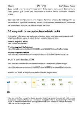 de28 31 DAS - UFSC Profº Ricardo Rabelo
Siga o passo 2 , crie o banco conforme os valores da ﬁgura acima (senha: root). Depois crie uma
tabela (pedidos) igual a criada para o BRrobotics, as mesmas colunas, os mesmos valores da
tabela1."
"
Depois de criado o banco, proceda como no passo 3 e teste a aplicação. Se você se perdeu leia
novamente essa seção com calma e veja o video, o video vem bem detalhado e com comentários
que talvez ajudem a resolver o problema que você encontrou."
"
3.3 Integrando os dois aplicativos web (via mule)!
"
Acompanhe o video abaixo que explica como montar o ﬂuxo e como testar se a integração está
funcionando. Baixe o código do projeto do Mule para acompanhar o video."
"
Video do projeto no Vimeo:"
https://vimeo.com/96460685"
"
Arquivos do projeto do Netbeans:"
https://dl.dropboxusercontent.com/u/2056692/Projeto%20ESB/NetbeansProj/NewTec.zip"
"
Arquivos do projeto do Mule:"
https://dl.dropboxusercontent.com/u/2056692/Projeto%20ESB/MuleProjects/ProjInteg.zip"
"
"
Drivers do Banco de dados JavaDB:"
"
https://dl.dropboxusercontent.com/u/2056692/Projeto%20ESB/DriversJavaDB/derby.jar"
"
https://dl.dropboxusercontent.com/u/2056692/Projeto%20ESB/DriversJavaDB/derbyclient.jar"
"
"
Ao ﬁnal o seu projeto de integração deve estar conforme a ﬁgura abaixo. "
"
Note que nosso ﬂuxo principal se divide, quando o ﬂuxo chega ao transformador all , ele é enviado
para os dois ﬂuxos resultantes, isso é necessário para poder tratar os dados da compra relativa ao
chassi do robô separadamente do reator, posteriormente cada um desses dados é inserido no
banco de dados correspondente."
"
"
 