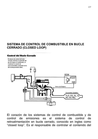 137
SISTEMA DE CONTROL DE COMBUSTIBLE EN BUCLE
CERRADO (CLOSED LOOP)
El corazón de los sistemas de control de combustible y de
control de emisiones es el sistema de control de
retroalimentación en bucle cerrado, conocido en ingles como
“closed loop”. Es el responsable de controlar el contenido del
 