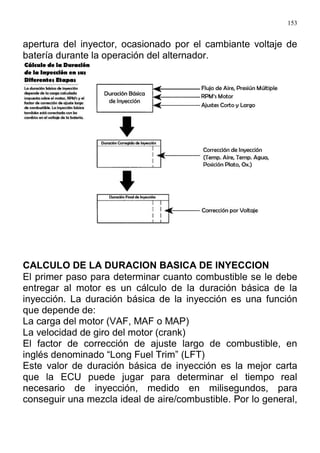 153
apertura del inyector, ocasionado por el cambiante voltaje de
batería durante la operación del alternador.
CALCULO DE LA DURACION BASICA DE INYECCION
El primer paso para determinar cuanto combustible se le debe
entregar al motor es un cálculo de la duración básica de la
inyección. La duración básica de la inyección es una función
que depende de:
La carga del motor (VAF, MAF o MAP)
La velocidad de giro del motor (crank)
El factor de corrección de ajuste largo de combustible, en
inglés denominado “Long Fuel Trim” (LFT)
Este valor de duración básica de inyección es la mejor carta
que la ECU puede jugar para determinar el tiempo real
necesario de inyección, medido en milisegundos, para
conseguir una mezcla ideal de aire/combustible. Por lo general,
 