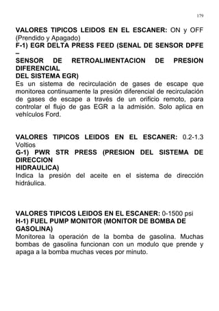 179
VALORES TIPICOS LEIDOS EN EL ESCANER: ON y OFF
(Prendido y Apagado)
F-1) EGR DELTA PRESS FEED (SENAL DE SENSOR DPFE
–
SENSOR DE RETROALIMENTACION DE PRESION
DIFERENCIAL
DEL SISTEMA EGR)
Es un sistema de recirculación de gases de escape que
monitorea continuamente la presión diferencial de recirculación
de gases de escape a través de un orificio remoto, para
controlar el flujo de gas EGR a la admisión. Solo aplica en
vehículos Ford.
VALORES TIPICOS LEIDOS EN EL ESCANER: 0.2-1.3
Voltios
G-1) PWR STR PRESS (PRESION DEL SISTEMA DE
DIRECCION
HIDRAULICA)
Indica la presión del aceite en el sistema de dirección
hidráulica.
VALORES TIPICOS LEIDOS EN EL ESCANER: 0-1500 psi
H-1) FUEL PUMP MONITOR (MONITOR DE BOMBA DE
GASOLINA)
Monitorea la operación de la bomba de gasolina. Muchas
bombas de gasolina funcionan con un modulo que prende y
apaga a la bomba muchas veces por minuto.
 