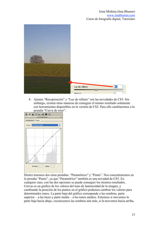 Irina Mishina (Ima Blumm)
                                                              www.imablumm.com
                                               Curso de fotografía digital, Tutoriales




   8. Ajustes “Recuperación” y “Luz de relleno” son las novedades de CS3. Sin
      embargo, existen otras maneras de conseguir el mismo resultado solamente
      con herramientas disponibles en la versión de CS2. Para ello cambiaremos a la
      pestaña “Curva de tono”:




Dentro tenemos dos otras pestañas: “Paramétrico” y “Punto”. Nos concentraremos en
la pestaña “Punto”, ya que “Paramétrico” también es una novedad de CS3. En
cualquier caso, con las dos opciones se puede conseguir los mismos resultados.
Curvas es un grafico de los valores del tono de luminosidad de la imagen, y
cambiando la posición de los puntos en el gráfico podemos cambiar los valores para
determinados tonos. La parte baja del gráfico corresponde a las sombras, parte
superior – a las luces y parte media – a los tonos medios. Entonces si movemos la
parte baja hacía abajo, oscurecemos las sombras aún más, si la movemos hacía arriba,



                                                                                   13
 