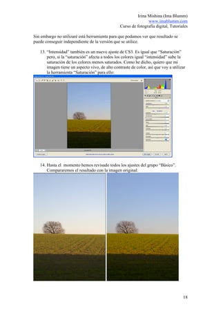 Irina Mishina (Ima Blumm)
                                                                www.imablumm.com
                                                 Curso de fotografía digital, Tutoriales

Sin embargo no utilizaré está herramienta para que podamos ver que resultado se
puede conseguir independiente de la versión que se utilice.

   13. “Intensidad” también es un nuevo ajuste de CS3. Es igual que “Saturación”
       pero, si la “saturación” afecta a todos los colores igual “intensidad” sube la
       saturación de los colores menos saturados. Como he dicho, quiero que mi
       imagen tiene un aspecto vivo, de alto contraste de color, así que voy a utilizar
       la herramienta “Saturación” para ello:




   14. Hasta el momento hemos revisado todos los ajustes del grupo “Básico”.
       Compararemos el resultado con la imagen original:




                                                                                     18
 