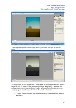 Irina Mishina (Ima Blumm)
                                                              www.imablumm.com
                                               Curso de fotografía digital, Tutoriales




También podemos utilizar estos ajustes para la conversión avanzada en blanco y
negro:




La introducción de estos ajustes en la Cámara RAW es desde luego un avance que nos
puede permitir en muchos casos evitar un tratamiento posteriori en Photoshop. Sin
embargo todos estos ajustes también se pueden aplicar en Photoshop, así que no hay
que preocuparse si no tenemos el software demasiado actualizado.

   18. “Dividir tonos permite dar diferentes tono y saturación a las zonas de sombras
       y de luces:



                                                                                   22
 