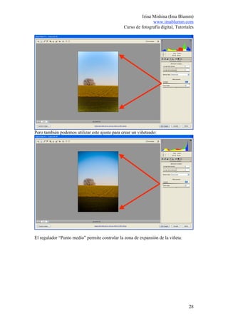Irina Mishina (Ima Blumm)
                                                               www.imablumm.com
                                                Curso de fotografía digital, Tutoriales




Pero también podemos utilizar este ajuste para crear un viñeteado:




El regulador “Punto medio” permite controlar la zona de expansión de la viñeta:




                                                                                    28
 