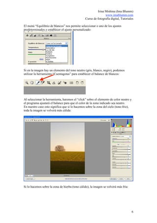 Irina Mishina (Ima Blumm)
                                                               www.imablumm.com
                                                Curso de fotografía digital, Tutoriales

El menú “Equilibrio de blancos” nos permite seleccionar o uno de los ajustes
predeterminados o establecer el ajuste personalizado:




Si en la imagen hay un elemento del tono neutro (gris, blanco, negro), podemos
utilizar la herramienta “Cuentagotas” para establecer el balance de blancos:




Al seleccionar la herramienta, haremos el “click” sobre el elemento de color neutro y
el programa ajustará el balance para que el color de la zona indicado sea neutro.
En nuestro caso esto significa que si lo hacemos sobre la zona del cielo (tono frio),
toda la imagen se volverá más cálida:




Si lo hacemos sobre la zona de hierba (tono cálido), la imagen se volverá más fría:




                                                                                        6
 