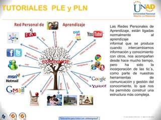 TUTORIALES PLE y PLN

                       Las Redes Personales de
                       Aprendizaje, están ligadas
                       normalmente              al
                       aprendizaje
                       informal que se produce
                       cuando      intercambiamos
                       información y conocimiento
                       con otros, nos acompañan
                       desde hace mucho tiempo,
                       pero     ha       sido   la
                       incorporación de las tic´s,
                       como parte de nuestras
                       herramientas            de
                       comunicación y gestión del
                       conocimiento, lo que nos
                       ha permitido construir una
                       estructura más compleja.




                               FI-GQ-GCMU-004-015 V. 000-27-08-2011
 