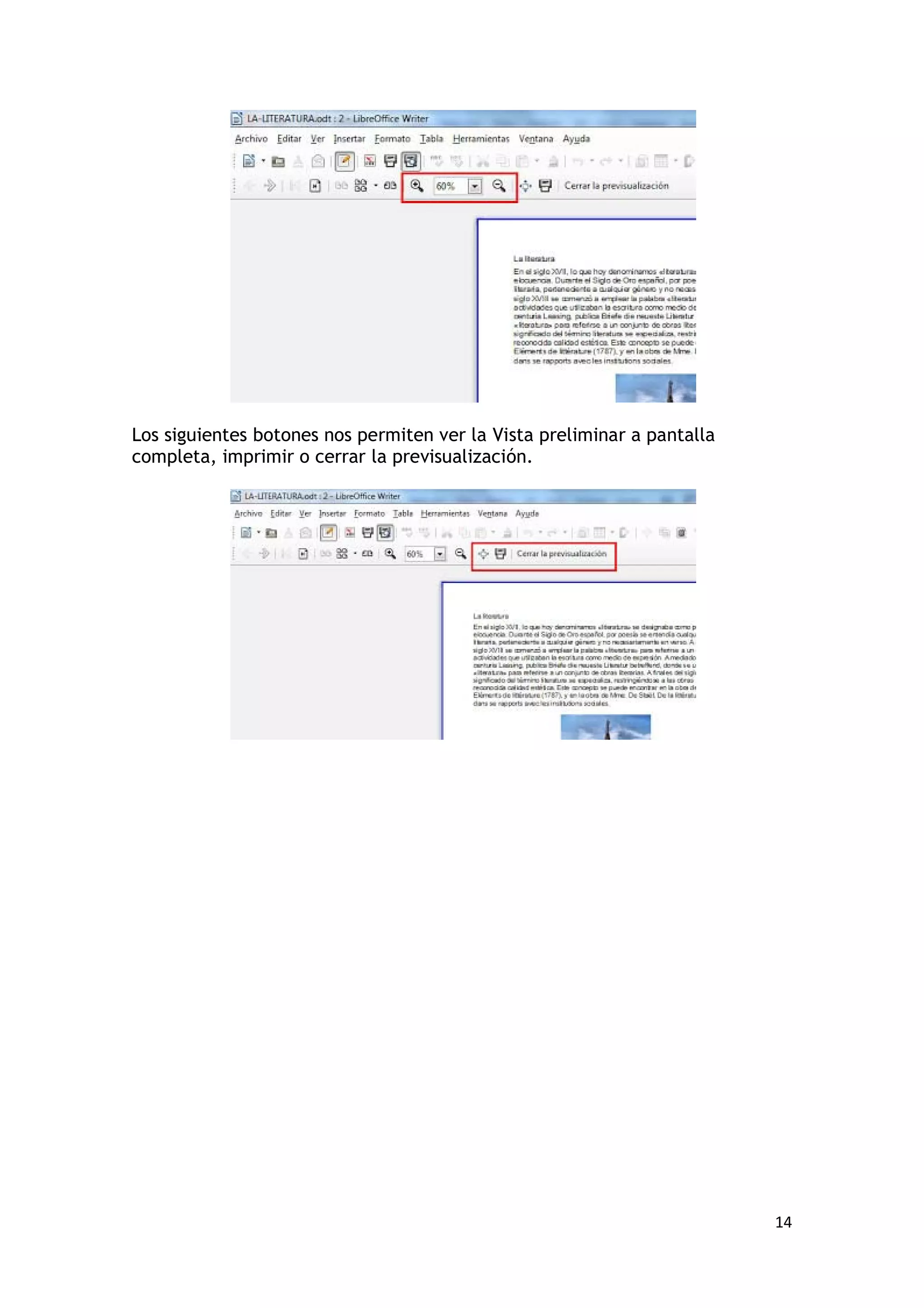 Los siguientes botones nos permiten ver la Vista preliminar a pantalla
completa, imprimir o cerrar la previsualización.




                                                                         14
 