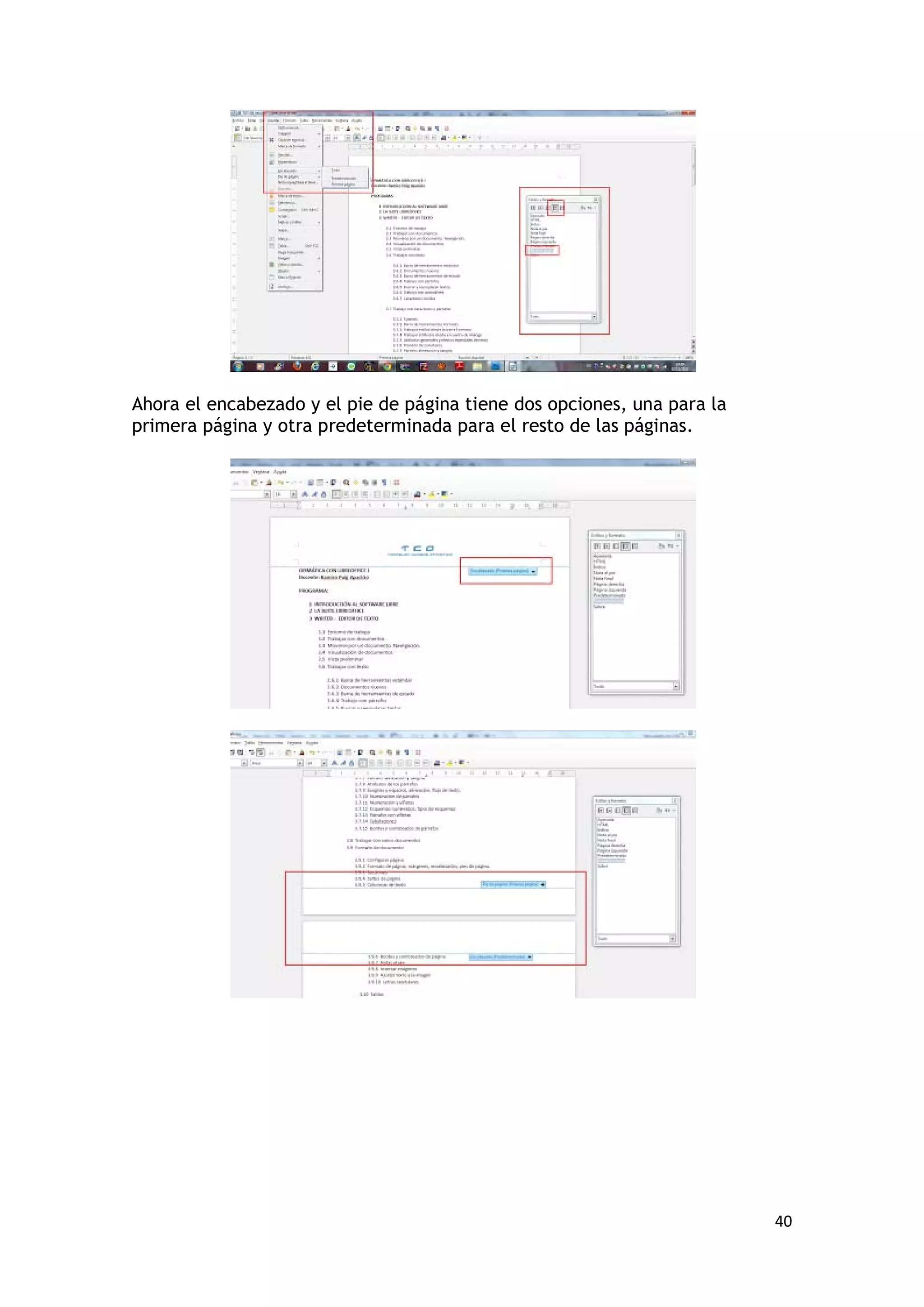 Ahora el encabezado y el pie de página tiene dos opciones, una para la
primera página y otra predeterminada para el resto de las páginas.




                                                                         40
 