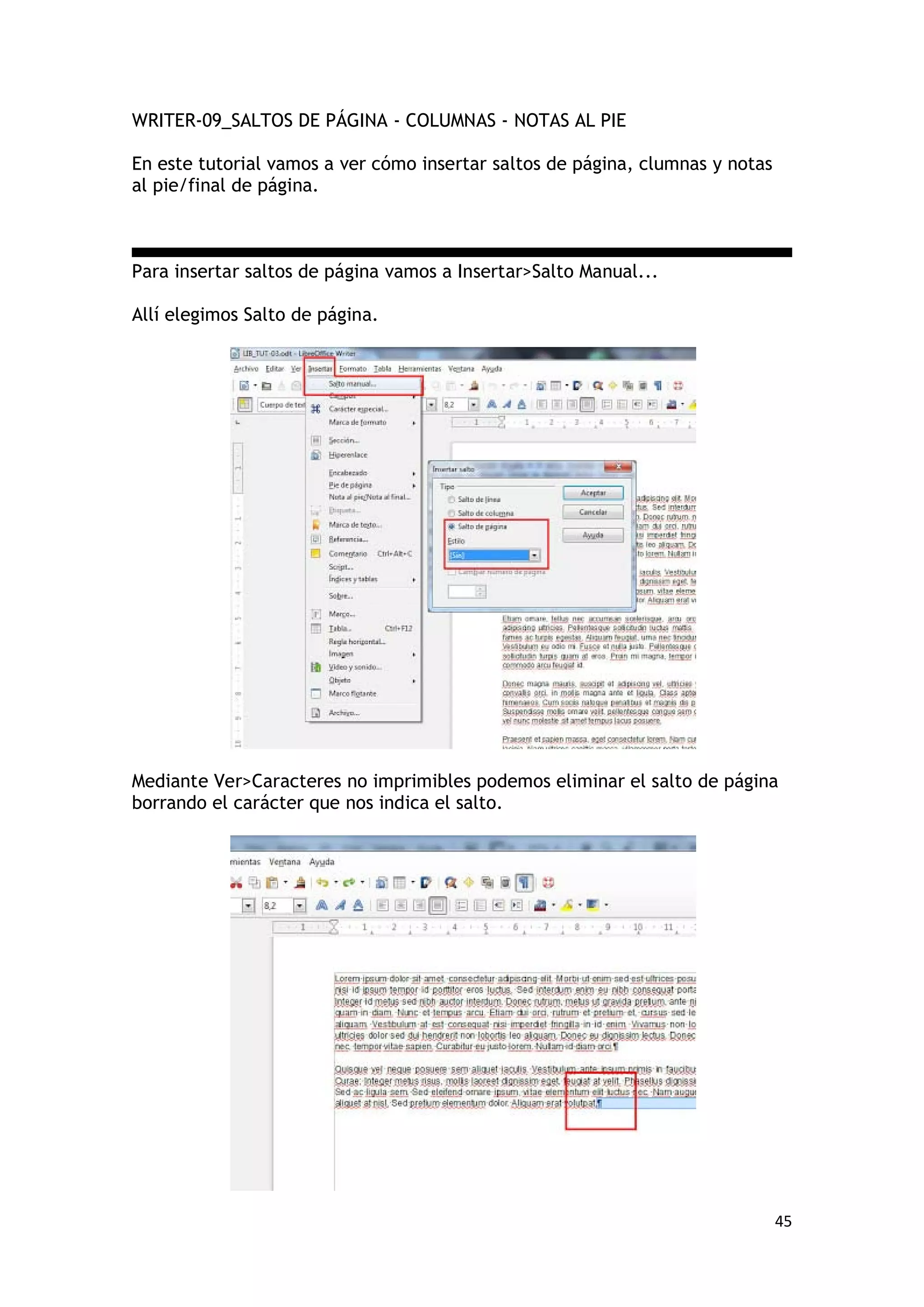 WRITER-09_SALTOS DE PÁGINA - COLUMNAS - NOTAS AL PIE

En este tutorial vamos a ver cómo insertar saltos de página, clumnas y notas
al pie/final de página.



Para insertar saltos de página vamos a Insertar>Salto Manual...

Allí elegimos Salto de página.




Mediante Ver>Caracteres no imprimibles podemos eliminar el salto de página
borrando el carácter que nos indica el salto.




                                                                               45
 