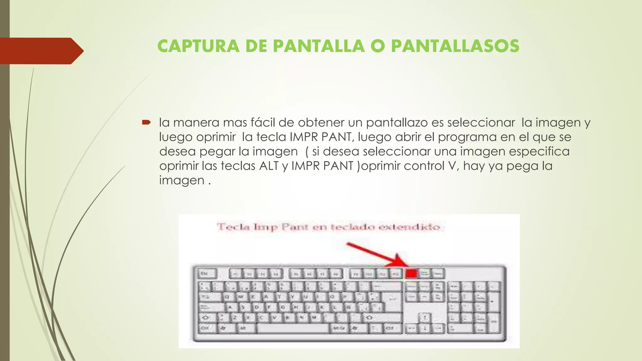 CAPTURA DE PANTALLA O PANTALLASOS
 la manera mas fácil de obtener un pantallazo es seleccionar la imagen y
luego oprimir la tecla IMPR PANT, luego abrir el programa en el que se
desea pegar la imagen ( si desea seleccionar una imagen especifica
oprimir las teclas ALT y IMPR PANT )oprimir control V, hay ya pega la
imagen .
 