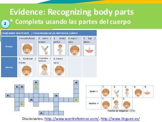 Evidence: Recognizing body parts
* Completa usando las partes del cuerpo
Diccionarios: http://www.wordreference.com/, http://www.linguee.es/
2
CROSSWORD BODY PARTS / CRUCIGRAMA DE LAS PARTES DEL CUERPO
Down
1.mouth/boca 2. arms /
brazos
3. chest/
pecho
4. eyes /
ojos
5. lips /
labios
Across
1. forehead /
frente
2.shoulders /
hombros
4. nose /
nariz
 