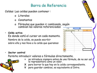 Barra de Referencia
Celdas: Las celdas pueden contener :
       o Literales
       o Constantes
       o Fórmulas que pueden ir cambiando, según
         cambian los valores referenciados

• Celda activa
  Es donde está el cursor en cada momento.
  Nombre de la celda, se puede escribir
  sobre ella y nos lleva a la celda que queramos


• Sector central
  Permite introducir valores o fórmulas directamente.
                 = se introduce siempre antes de una fórmula, de no ser así
                   lo representará como un valor.
                 X para borrar lo que hay en la celda correspondiente.
                 V para guardar cambios, es equivalente al Intro.
 