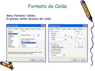 Formato de Celda
Menu Formato/ Celdas
O pinchar botón derecho del ratón
 