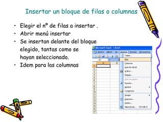 Insertar un bloque de filas o columnas

• Elegir el nº de filas a insertar .
• Abrir menú insertar
• Se insertan delante del bloque
  elegido, tantas como se
  hayan seleccionado.
• Idem para las columnas
 