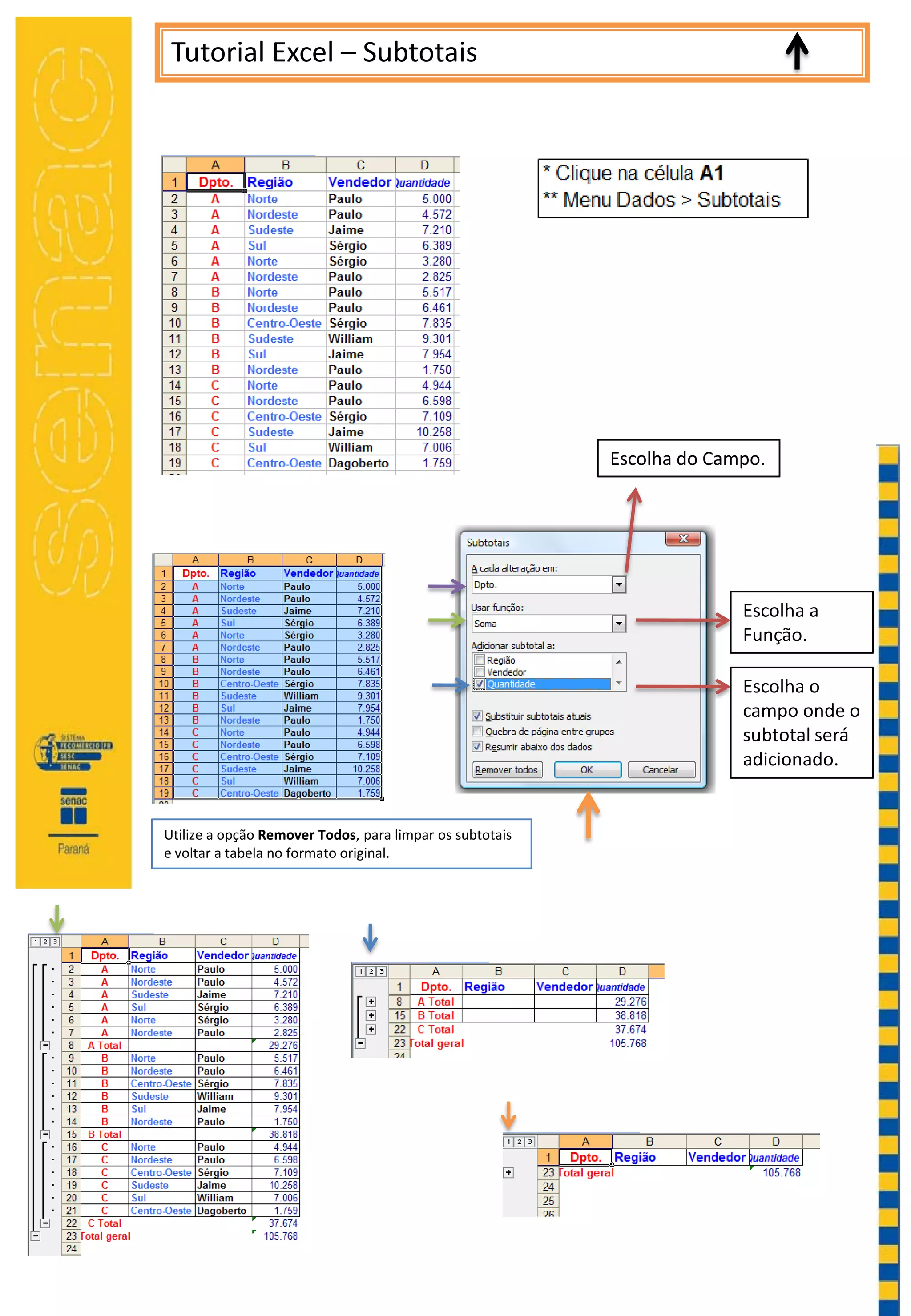 Tutorial Excel – Subtotais
Escolha do Campo.
Escolha a
Função.
Escolha o
campo onde o
subtotal será
adicionado.
Utilize a opção Remover Todos, para limpar os subtotais
e voltar a tabela no formato original.
 
