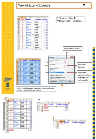Tutorial Excel – Subtotais
Escolha do Campo.
Escolha a
Função.
Escolha o
campo onde o
subtotal será
adicionado.
Utilize a opção Remover Todos, para limpar os subtotais
e voltar a tabela no formato original.
 