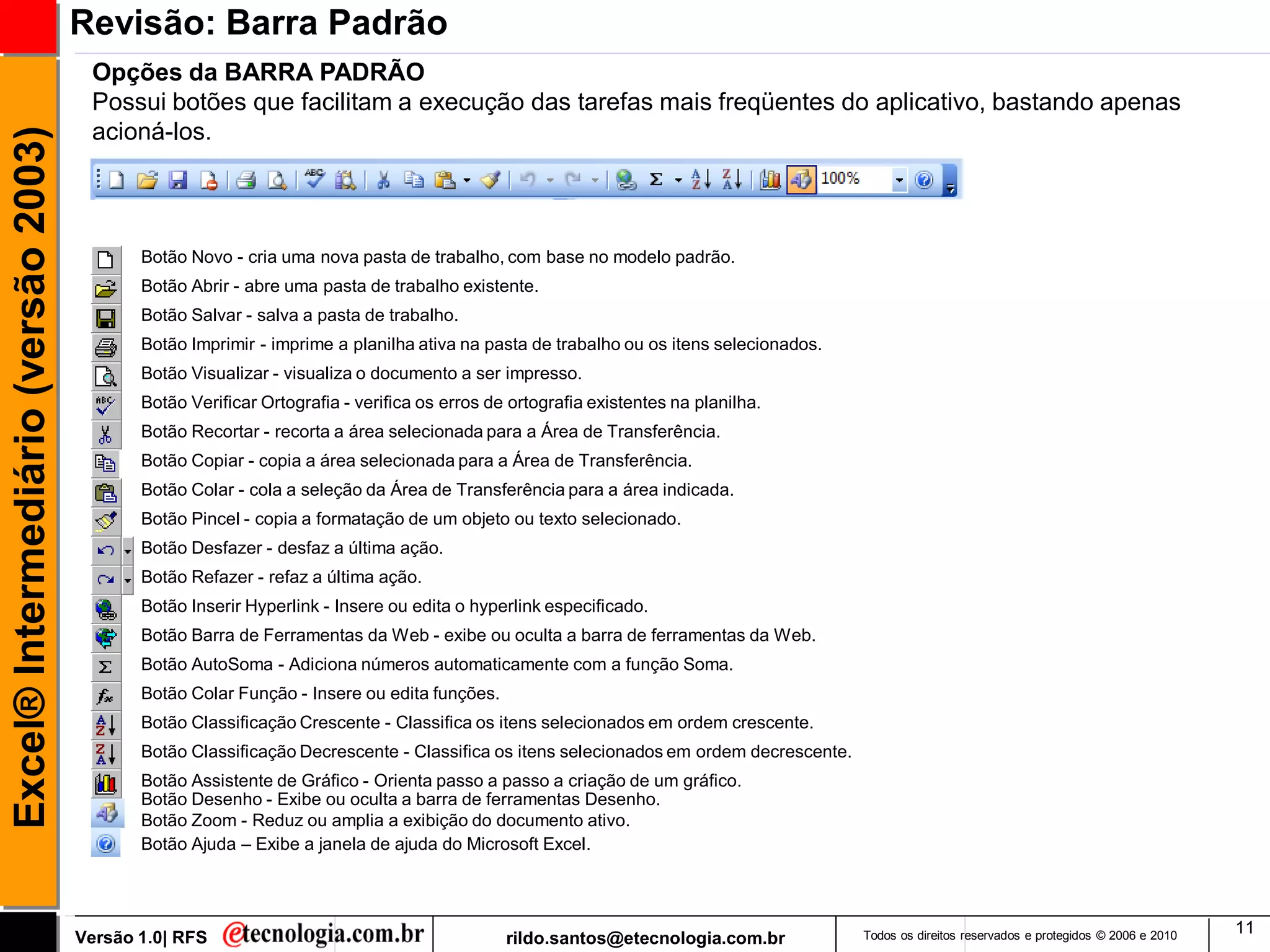 Revisão: Barra Padrão
                                      Opções da BARRA PADRÃO
                                      Possui botões que facilitam a execução das tarefas mais freqüentes do aplicativo, bastando apenas
                                      acioná-los.
Excel® Intermediário (versão 2003)




                                            Botão Novo - cria uma nova pasta de trabalho, com base no modelo padrão.
                                            Botão Abrir - abre uma pasta de trabalho existente.
                                            Botão Salvar - salva a pasta de trabalho.
                                            Botão Imprimir - imprime a planilha ativa na pasta de trabalho ou os itens selecionados.
                                            Botão Visualizar - visualiza o documento a ser impresso.
                                            Botão Verificar Ortografia - verifica os erros de ortografia existentes na planilha.
                                            Botão Recortar - recorta a área selecionada para a Área de Transferência.
                                            Botão Copiar - copia a área selecionada para a Área de Transferência.
                                            Botão Colar - cola a seleção da Área de Transferência para a área indicada.
                                            Botão Pincel - copia a formatação de um objeto ou texto selecionado.
                                            Botão Desfazer - desfaz a última ação.
                                            Botão Refazer - refaz a última ação.
                                            Botão Inserir Hyperlink - Insere ou edita o hyperlink especificado.
                                            Botão Barra de Ferramentas da Web - exibe ou oculta a barra de ferramentas da Web.
                                            Botão AutoSoma - Adiciona números automaticamente com a função Soma.
                                            Botão Colar Função - Insere ou edita funções.
                                            Botão Classificação Crescente - Classifica os itens selecionados em ordem crescente.
                                            Botão Classificação Decrescente - Classifica os itens selecionados em ordem decrescente.
                                            Botão Assistente de Gráfico - Orienta passo a passo a criação de um gráfico.
                                            Botão Desenho - Exibe ou oculta a barra de ferramentas Desenho.
                                            Botão Zoom - Reduz ou amplia a exibição do documento ativo.
                                            Botão Ajuda – Exibe a janela de ajuda do Microsoft Excel.



                                                                                                                                                                                                 11
                                     Versão 1.0| RFS                                         rildo.santos@etecnologia.com.br           Todos os direitos reservados e protegidos © 2006 e 2010
 