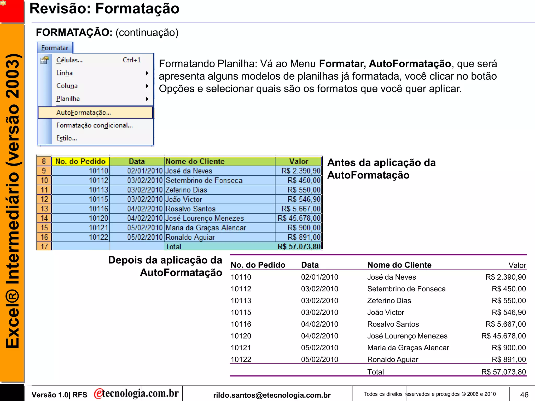 Revisão: Formatação
                                      FORMATAÇÃO: (continuação)
Excel® Intermediário (versão 2003)

                                                                Formatando Planilha: Vá ao Menu Formatar, AutoFormatação, que será
                                                                apresenta alguns modelos de planilhas já formatada, você clicar no botão
                                                                Opções e selecionar quais são os formatos que você quer aplicar.




                                                                                                         Antes da aplicação da
                                                                                                         AutoFormatação




                                                       Depois da aplicação da   No. do Pedido     Data           Nome do Cliente                                          Valor
                                                             AutoFormatação     10110             02/01/2010     José da Neves                                    R$ 2.390,90
                                                                                10112             03/02/2010     Setembrino de Fonseca                               R$ 450,00
                                                                                10113             03/02/2010     Zeferino Dias                                       R$ 550,00
                                                                                10115             03/02/2010     João Victor                                         R$ 546,90
                                                                                10116             04/02/2010     Rosalvo Santos                                   R$ 5.667,00
                                                                                10120             04/02/2010     José Lourenço Menezes                          R$ 45.678,00
                                                                                10121             05/02/2010     Maria da Graças Alencar                             R$ 900,00
                                                                                10122             05/02/2010     Ronaldo Aguiar                                      R$ 891,00
                                                                                                                 Total                                          R$ 57.073,80


                                     Versão 1.0| RFS                       rildo.santos@etecnologia.com.br      Todos os direitos reservados e protegidos © 2006 e 2010      46
 