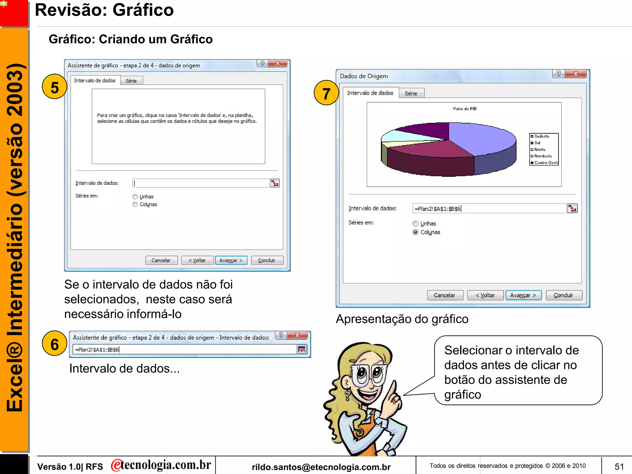 Revisão: Gráfico
                                       Gráfico: Criando um Gráfico
Excel® Intermediário (versão 2003)


                                       5                                                    7




                                           Se o intervalo de dados não foi
                                           selecionados, neste caso será
                                           necessário informá-lo                                Apresentação do gráfico

                                       6                                                                             Selecionar o intervalo de
                                            Intervalo de dados...                                                    dados antes de clicar no
                                                                                                                     botão do assistente de
                                                                                                                     gráfico




                                     Versão 1.0| RFS                         rildo.santos@etecnologia.com.br    Todos os direitos reservados e protegidos © 2006 e 2010   51
 