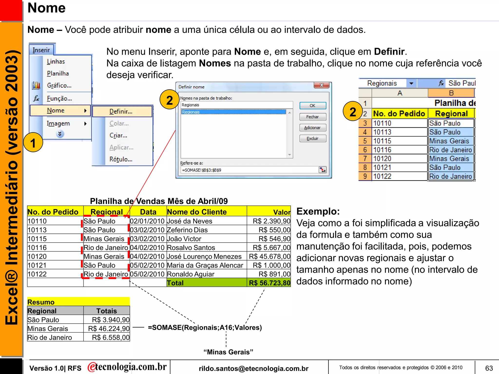 Nome
                                     Nome – Você pode atribuir nome a uma única célula ou ao intervalo de dados.

                                                              No menu Inserir, aponte para Nome e, em seguida, clique em Definir.
Excel® Intermediário (versão 2003)

                                                              Na caixa de listagem Nomes na pasta de trabalho, clique no nome cuja referência você
                                                              deseja verificar.

                                                                                   2
                                                                                                                                        2

                                     1



                                                        Planilha de Vendas Mês de Abril/09
                                     No. do Pedido       Regional       Data       Nome do Cliente                Valor   Exemplo:
                                     10110             São Paulo      02/01/2010   José da Neves            R$ 2.390,90   Veja como a foi simplificada a visualização
                                     10113             São Paulo      03/02/2010   Zeferino Dias             R$ 550,00
                                     10115             Minas Gerais 03/02/2010     João Victor               R$ 546,90    da formula e também como sua
                                     10116             Rio de Janeiro 04/02/2010   Rosalvo Santos           R$ 5.667,00   manutenção foi facilitada, pois, podemos
                                     10120             Minas Gerais 04/02/2010     José Lourenço Menezes R$ 45.678,00     adicionar novas regionais e ajustar o
                                     10121             São Paulo      05/02/2010   Maria da Graças Alencar R$ 1.000,00
                                     10122             Rio de Janeiro 05/02/2010   Ronaldo Aguiar            R$ 891,00
                                                                                                                          tamanho apenas no nome (no intervalo de
                                                                                   Total                   R$ 56.723,80   dados informado no nome)

                                     Resumo
                                     Regional             Totais
                                     São Paulo           R$ 3.940,90
                                     Minas Gerais       R$ 46.224,90      =SOMASE(Regionais;A16;Valores)
                                     Rio de Janeiro      R$ 6.558,00

                                                                                             “Minas Gerais”

                                     Versão 1.0| RFS                                        rildo.santos@etecnologia.com.br         Todos os direitos reservados e protegidos © 2006 e 2010   63
 