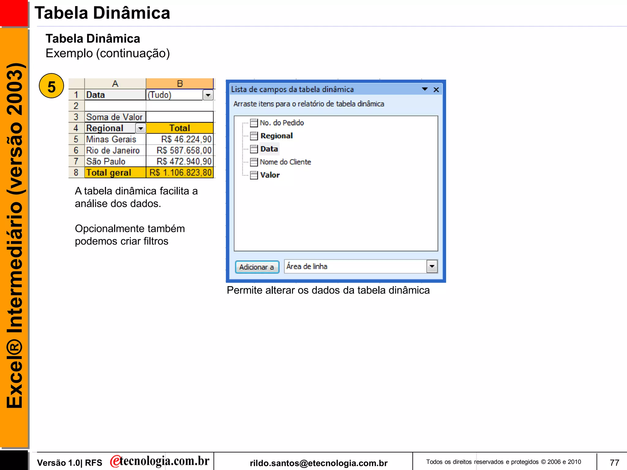 Tabela Dinâmica
                                      Tabela Dinâmica
                                      Exemplo (continuação)
Excel® Intermediário (versão 2003)


                                       5




                                             A tabela dinâmica facilita a
                                             análise dos dados.

                                             Opcionalmente também
                                             podemos criar filtros



                                                                            Permite alterar os dados da tabela dinâmica




                                     Versão 1.0| RFS                            rildo.santos@etecnologia.com.br       Todos os direitos reservados e protegidos © 2006 e 2010   77
 