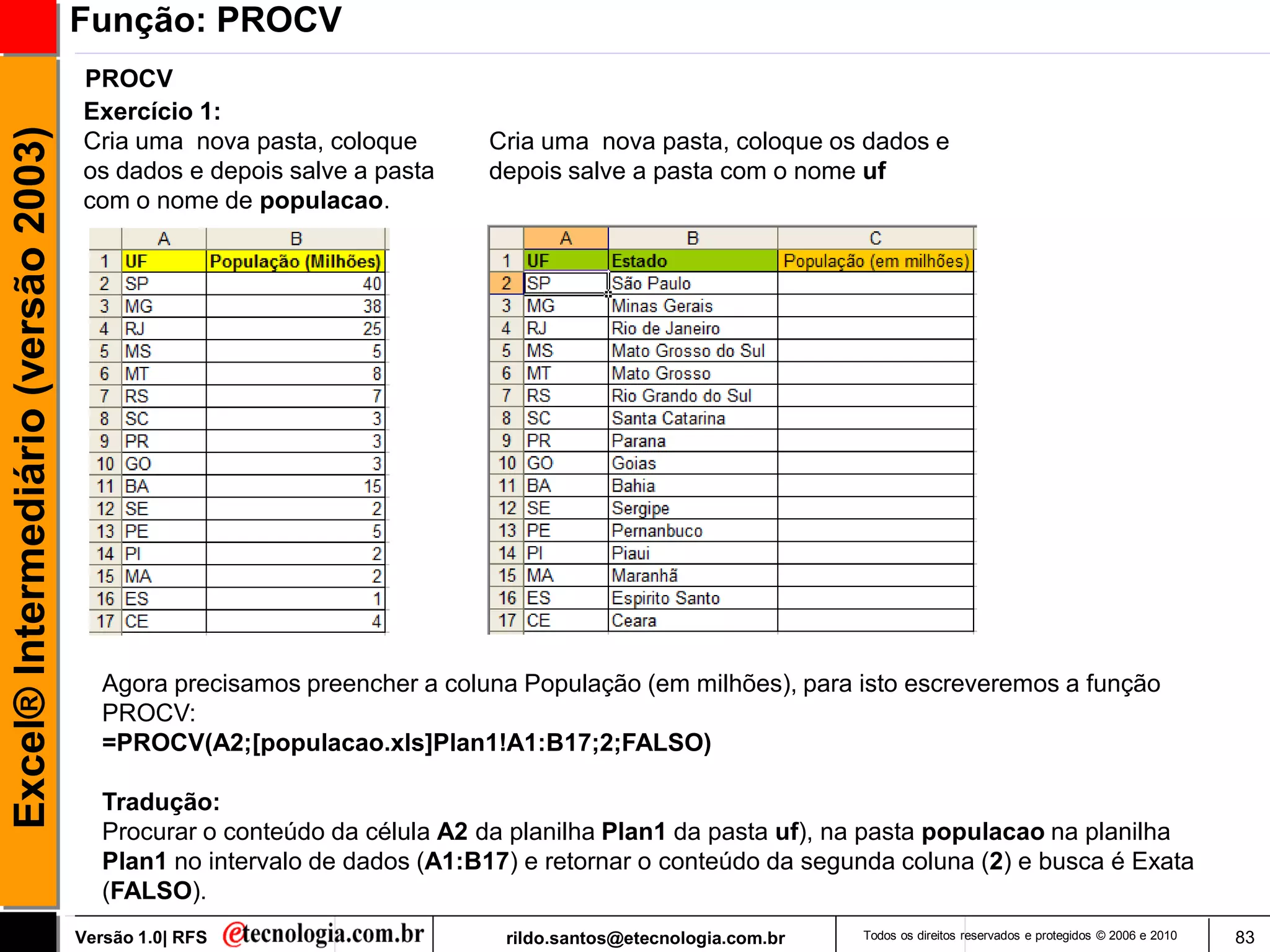 Função: PROCV
                                     PROCV
                                     Exercício 1:
Excel® Intermediário (versão 2003)

                                     Cria uma nova pasta, coloque         Cria uma nova pasta, coloque os dados e
                                     os dados e depois salve a pasta      depois salve a pasta com o nome uf
                                     com o nome de populacao.




                                        Agora precisamos preencher a coluna População (em milhões), para isto escreveremos a função
                                        PROCV:
                                        =PROCV(A2;[populacao.xls]Plan1!A1:B17;2;FALSO)

                                        Tradução:
                                        Procurar o conteúdo da célula A2 da planilha Plan1 da pasta uf), na pasta populacao na planilha
                                        Plan1 no intervalo de dados (A1:B17) e retornar o conteúdo da segunda coluna (2) e busca é Exata
                                        (FALSO).
                                     Versão 1.0| RFS                       rildo.santos@etecnologia.com.br   Todos os direitos reservados e protegidos © 2006 e 2010   83
 