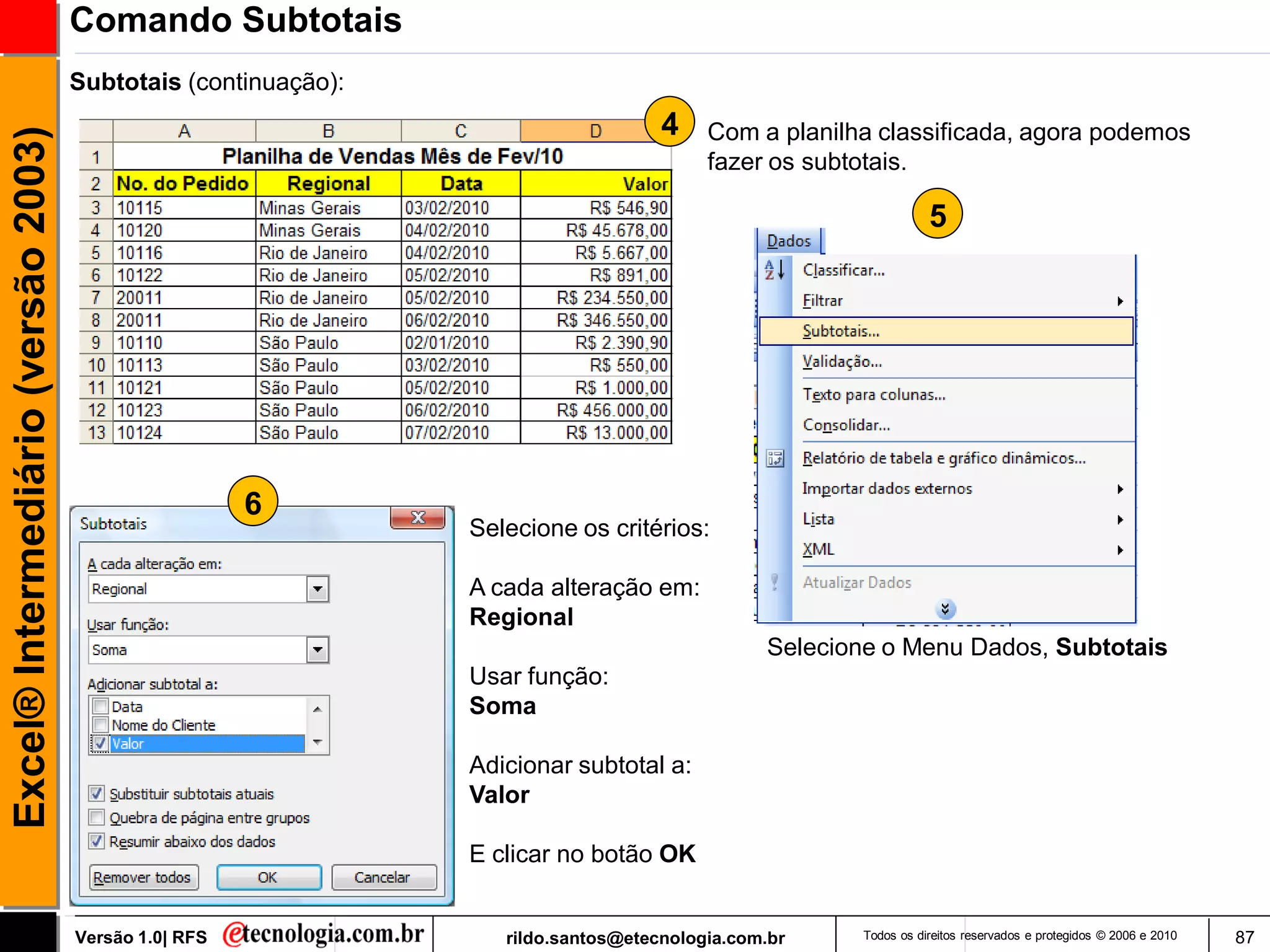 Comando Subtotais
                                     Subtotais (continuação):
                                                                                    4    Com a planilha classificada, agora podemos
Excel® Intermediário (versão 2003)

                                                                                         fazer os subtotais.

                                                                                                                 5




                                                       6
                                                                Selecione os critérios:

                                                                A cada alteração em:
                                                                Regional
                                                                                               Selecione o Menu Dados, Subtotais
                                                                Usar função:
                                                                Soma

                                                                Adicionar subtotal a:
                                                                Valor

                                                                E clicar no botão OK


                                     Versão 1.0| RFS               rildo.santos@etecnologia.com.br    Todos os direitos reservados e protegidos © 2006 e 2010   87
 
