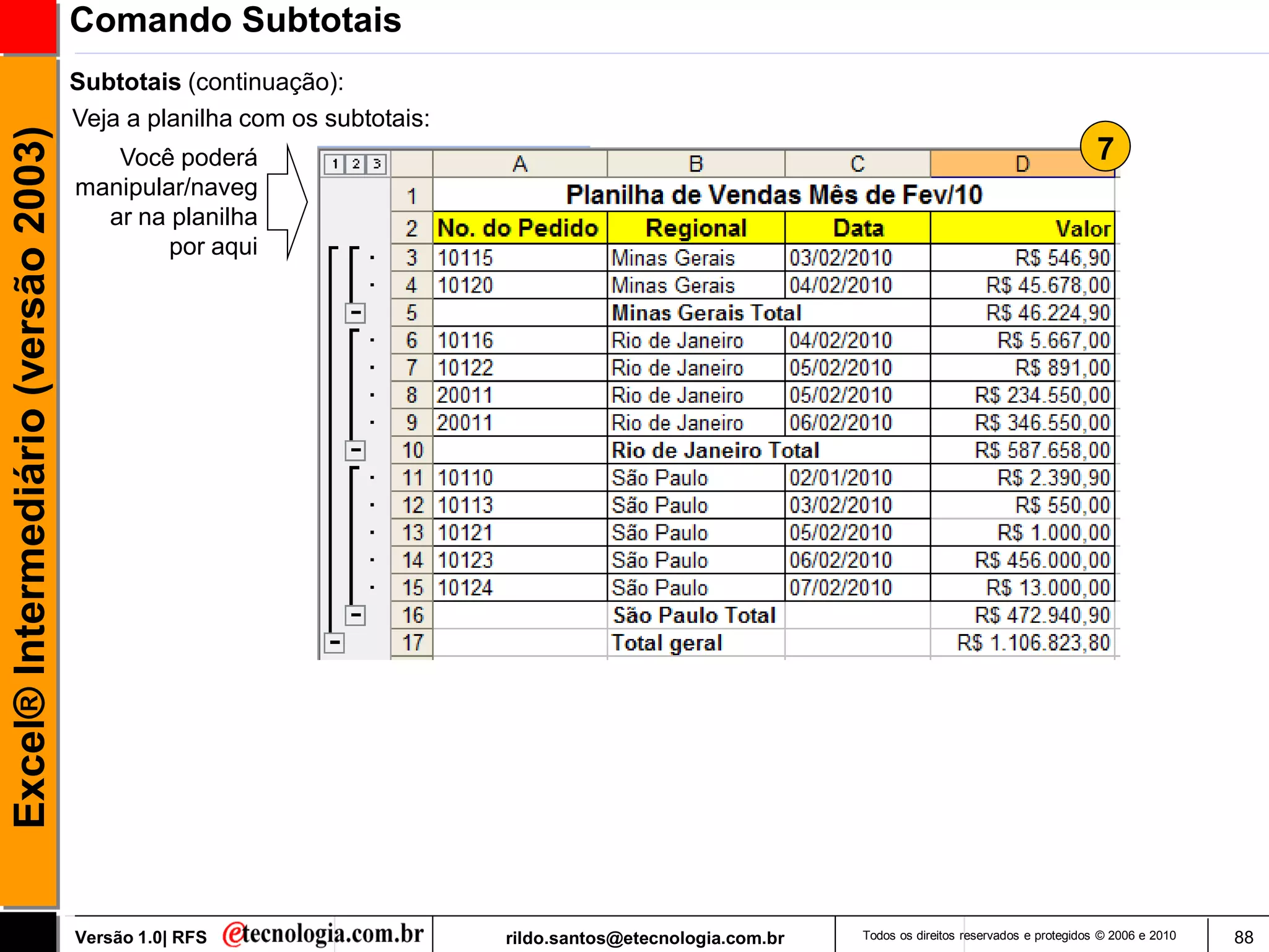 Comando Subtotais
                                     Subtotais (continuação):
                                     Veja a planilha com os subtotais:
Excel® Intermediário (versão 2003)

                                        Você poderá                                                                                                 7
                                     manipular/naveg
                                       ar na planilha
                                             por aqui




                                     Versão 1.0| RFS                     rildo.santos@etecnologia.com.br   Todos os direitos reservados e protegidos © 2006 e 2010   88
 