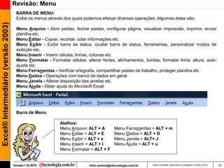 Revisão: Menu
                                      BARRA DE MENU:
                                      Exibe os menus através dos quais podemos efetuar diversas operações. Algumas delas são:
Excel® Intermediário (versão 2003)


                                      Menu Arquivo - Abrir pastas, fechar pastas, configurar página, visualizar impressão, imprimir, enviar
                                      planilha etc.
                                      Menu Editar - Copiar, recortar, colar informações etc.
                                      Menu Exibir - Exibir barra de status, ocultar barra de status, ferramentas, personalizar modos de
                                      exibição etc.
                                      Menu Inserir - Inserir células, linhas, colunas etc.
                                      Menu Formatar - Formatar células: alterar fontes, alinhamentos, bordas; formatar linha: altura, auto-
                                      ajuste etc.
                                      Menu Ferramentas - Verificar ortografia, compartilhar pastas de trabalho, proteger planilha etc.
                                      Menu Dados - Operações com banco de dados em geral.
                                      Menu Janela - Alterar disposição das janelas etc.
                                      Menu Ajuda - Obter ajuda do Microsoft Excel.




                                      Barra de Menu

                                                            Atalhos:
                                                            Menu Arquivo: ALT + A        Menu Ferramentas = ALT + m
                                                            Menu Editar = ALT + E        Menu Dados = ALT + D
                                                            Menu Exibir = ALT + x        Menu Janela = ALT+ J
                                                            Menu Inserir = ALT + I       Menu Ajuda = ALT + u
                                                            Menu Formatar = ALT + F


                                     Versão 1.0| RFS                      rildo.santos@etecnologia.com.br   Todos os direitos reservados e protegidos © 2006 e 2010   10
 