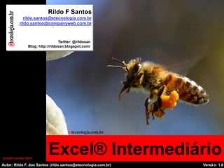 Rildo F Santos
                                       rildo.santos@etecnologia.com.br
                                     rildo.santos@companyweb.com.br
Excel® Intermediário (versão 2003)



                                                          Twitter: @rildosan
                                        Blog: http://rildosan.blogspot.com/




   Excel® versão 2003
                                                   Excel® Intermediário
Autor: Versão 1.0| RFSSantos (rildo.santos@etecnologia.com.br)
       Rildo F. dos                               rildo.santos@etecnologia.com.br                                                     Versã o: 1.0
                                                                                    Todos os direitos reservados e protegidos © 2006 e 2010
 