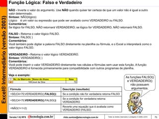 Função Lógica: Falso e Verdadeiro
                                     NÃO - Inverte o valor do argumento. Use NÃO quando quiser ter certeza de que um valor não é igual a outro
                                     valor determinado.
Excel® Intermediário (versão 2003)

                                     Sintaxe: NÃO(lógico)
                                     Lógico é um valor ou expressão que pode ser avaliado como VERDADEIRO ou FALSO.
                                     Comentários:
                                     Se lógico for FALSO, NÃO retornará VERDADEIRO; se lógico for VERDADEIRO, NÃO retornará FALSO.

                                     FALSO - Retorna o valor lógico FALSO.
                                     Sintaxe: FALSO( )
                                     Comentários:
                                     Você também pode digitar a palavra FALSO diretamente na planilha ou fórmula, e o Excel a interpretará como o
                                     valor lógico FALSO.

                                     VERDADEIRO - Retorna o valor lógico VERDADEIRO.
                                     Sintaxe: VERDADEIRO( )
                                     Comentários:
                                     Você pode inserir o valor VERDADEIRO diretamente nas células e fórmulas sem usar esta função. A função
                                     VERDADEIRO é fornecida primeiramente para compatibilidade com outros programas de planilha.

                                     Veja o exemplo:
                                                                                                                                            As funções FALSO()
                                                                                                                                             e VERDADEIRO()
                                                                                                                                               não possuem
                                      Fórmula                                Descrição (resultado)                                              argumentos.
                                      =SE(C4>70;VERDADEIRO();FALSO())        Se a condição não for verdadeira retorna FALSO
                                                                             Se a condição for verdadeira retorna
                                      =SE(C4>70;VERDADEIRO();FALSO())
                                                                             VERDADEIRO
                                                                             Reverte uma equação que é avaliada como
                                      =NÃO(1+1=2)
                                                                             VERDADEIRO (FALSO)

                                     Versão 1.0| RFS                          rildo.santos@etecnologia.com.br       Todos os direitos reservados e protegidos © 2006 e 2010   70
 
