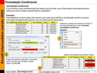 Formatação Condicional
                                     Formatação Condicional
                                     É um formato, como sombreamento de célula e cor da fonte, que o Excel aplica automaticamente a
Excel® Intermediário (versão 2003)

                                     células se uma condição especificada for verdadeira.

                                     Exemplo:
                                     Você destacar a coluna status dos alunos, com cores para facilitar a visualização, porém os alunos
                                     com status de Reprovados devem uma cor diferente dos Aprovados.
                                                                                                                   Selecione a célula que receberá o formato. E
                                                                                                                   em seguida selecione o menu Formatar,
                                                                                                                   Formatação condicional




                                                                                                              1




                                     2                                                                                  Aplique a formatação para demais células

                                     Faça a formatação condicional, você poder
                                     incluir mais de uma condição e depois
                                     clique no botão OK


                                                                                 3
                                     Versão 1.0| RFS                             rildo.santos@etecnologia.com.br          Todos os direitos reservados e protegidos © 2006 e 2010   74
 