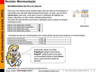 Revisão: Movimentação
                                       MOVIMENTANDO-SE PELA PLANILHA
Excel® Intermediário (versão 2003)

                                       Para que uma célula possa receber algum tipo de dado ou formatação, é
                                       necessário que ela seja selecionada previamente, ou seja, que se torne
                                       célula ativa; para isso, você deve mover o retângulo de seleção da
                                       célula, utilizando um dos muitos métodos disponíveis.
                                       As teclas de seta servem pra mover o retângulo para a célula na direção
                                       indicada por ela;
                                        Mover uma célula para a direita:                 
                                                                                                                                                            célula ativa
                                        Mover uma célula para a esquerda:                
                                        Mover uma célula para cima:                      
                                        Mover uma célula para a baixo:                   

                                         As teclas de seta em combinações com outras teclas servem para acelerar a movimentação;
                                        Última coluna da linha atual:                     CTRL +
                                        Primeira coluna da linha atual:                   CTRL +
                                        Última linha com dados da coluna atual:           CTRL +
                                        Primeira linda com dados da coluna atual:         CTRL +



                                                                                    Você pode utilizar as teclas
                                                                                    PageDown (página para baixo),
                                                                                    PageUP (página para cima) para
                                                                                    movimentação rápida e tecla Home
                                                                                    para ir para primeira célula da
                                                                                    planilha


                                        Observações: Use o mouse para selecionar uma célula específica.

                                     Versão 1.0| RFS                                    rildo.santos@etecnologia.com.br   Todos os direitos reservados e protegidos © 2006 e 2010   9
 