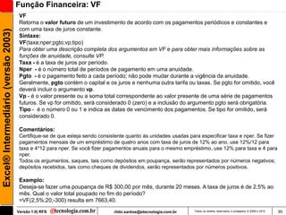 Função Financeira: VF
                                      VF
                                      Retorna o valor futuro de um investimento de acordo com os pagamentos periódicos e constantes e
                                      com uma taxa de juros constante.
Excel® Intermediário (versão 2003)

                                      Sintaxe:
                                      VF(taxa;nper;pgto;vp;tipo)
                                      Para obter uma descrição completa dos argumentos em VF e para obter mais informações sobre as
                                      funções de anuidade, consulte VP.
                                      Taxa - é a taxa de juros por período.
                                      Nper - é o número total de períodos de pagamento em uma anuidade.
                                      Pgto - é o pagamento feito a cada período; não pode mudar durante a vigência da anuidade.
                                      Geralmente, pgto contém o capital e os juros e nenhuma outra tarifa ou taxas. Se pgto for omitido, você
                                      deverá incluir o argumento vp.
                                      Vp - é o valor presente ou a soma total correspondente ao valor presente de uma série de pagamentos
                                      futuros. Se vp for omitido, será considerado 0 (zero) e a inclusão do argumento pgto será obrigatória.
                                      Tipo - é o número 0 ou 1 e indica as datas de vencimento dos pagamentos. Se tipo for omitido, será
                                      considerado 0.

                                      Comentários:
                                      Certifique-se de que esteja sendo consistente quanto às unidades usadas para especificar taxa e nper. Se fizer
                                      pagamentos mensais de um empréstimo de quatro anos com taxa de juros de 12% ao ano, use 12%/12 para
                                      taxa e 4*12 para nper. Se você fizer pagamentos anuais para o mesmo empréstimo, use 12% para taxa e 4 para
                                      nper.
                                      Todos os argumentos, saques, tais como depósitos em poupança, serão representados por números negativos;
                                      depósitos recebidos, tais como cheques de dividendos, serão representados por números positivos.

                                      Exemplo:
                                      Deseja-se fazer uma poupança de R$ 300,00 por mês, durante 20 meses. A taxa de juros é de 2,5% ao
                                      mês. Qual o valor total poupado no fim do período?
                                      =VF(2,5%;20;-300) resulta em 7663,40.
                                     Versão 1.0| RFS                          rildo.santos@etecnologia.com.br   Todos os direitos reservados e protegidos © 2006 e 2010   95
 