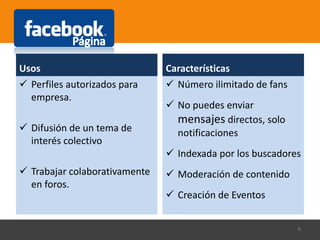 Usos
 Perfiles autorizados para
empresa.
 Difusión de un tema de
interés colectivo
 Trabajar colaborativamente
en foros.
Características
 Número ilimitado de fans
 No puedes enviar
mensajes directos, solo
notificaciones
 Indexada por los buscadores
 Moderación de contenido
 Creación de Eventos
6
 