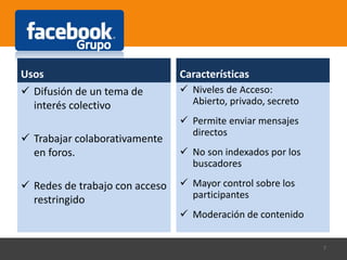 Usos
 Difusión de un tema de
interés colectivo
 Trabajar colaborativamente
en foros.
 Redes de trabajo con acceso
restringido
Características
 Niveles de Acceso:
Abierto, privado, secreto
 Permite enviar mensajes
directos
 No son indexados por los
buscadores
 Mayor control sobre los
participantes
 Moderación de contenido
7
 