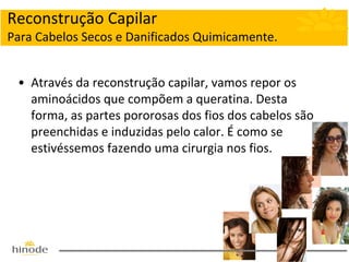 Reconstrução Capilar
Para Cabelos Secos e Danificados Quimicamente.
• Através da reconstrução capilar, vamos repor os
aminoácidos que compõem a queratina. Desta
forma, as partes pororosas dos fios dos cabelos são
preenchidas e induzidas pelo calor. É como se
estivéssemos fazendo uma cirurgia nos fios.

 