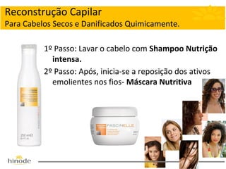 Reconstrução Capilar
Para Cabelos Secos e Danificados Quimicamente.
1º Passo: Lavar o cabelo com Shampoo Nutrição
intensa.
2º Passo: Após, inicia-se a reposição dos ativos
emolientes nos fios- Máscara Nutritiva

 