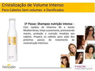 Cristalização de Volume Intenso
Para Cabelos Sem volumes e Danificados

1º Passo: Shampoo nutrição intensa Com Lipídios da Vitamina B5 e Azeite
Mediterrâneo, limpa suavemente, promovendo
macies, proteção e nutrição imediata aos
cabelos. Prepara os cabelos para ação dos
próximos
passos
do
tratamento
de
reconstrução intensiva.

Produtos 100% importados

 