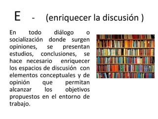 E - (enriquecer la discusión )
En todo diálogo o
socialización donde surgen
opiniones, se presentan
estudios, conclusiones, se
hace necesario enriquecer
los espacios de discusión con
elementos conceptuales y de
opinión que permitan
alcanzar los objetivos
propuestos en el entorno de
trabajo.
 