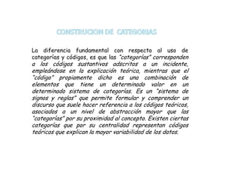La diferencia fundamental con respecto al uso de
categorías y códigos, es que las “categorías” corresponden
a los códigos sustantivos adscritos a un incidente,
empleándose en la explicación teórica, mientras que el
“código” propiamente dicho es una combinación de
elementos que tiene un determinado valor en un
determinado sistema de categorías. Es un “sistema de
signos y reglas” que permite formular y comprender un
discurso que suele hacer referencia a los códigos teóricos,
asociados a un nivel de abstracción mayor que las
“categorías” por su proximidad al concepto. Existen ciertas
categorías que por su centralidad representan códigos
teóricos que explican la mayor variabilidad de los datos.
 