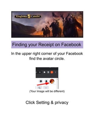 In the upper right corner of your Facebook
find the avatar circle.
(Your Image will be different)
Click Setting & privacy
 