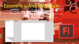 Escenario o Área de trabajo
Es el espacio de trabajo donde se grafica o dibuja
lo que queremos que se proyecte.
Zoom
Escenas
Editar escena
Editar Símbolos
 