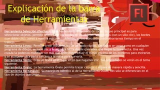 Explicación de la barra
de Herramientas
Herramienta Selección (flecha): . Es la herramienta más usada de todas. Su uso principal es para
seleccionar objetos. permite seleccionar los bordes de los objetos, los rellenos (con un sólo clic), los bordes
(con doble clic), zonas a nuestra elección... Además, su uso adecuado puede ahorrarnos tiempo en el
trabajo.
Herramienta Línea: Permite crear líneas rectas de un modo rápido. Las líneas se crean como en cualquier
programa de dibujo, se hace clic y se arrastra hasta donde queramos que llegue la línea recta. Una vez
creada la podemos modificar sin más que seleccionar situar el cursor encima de los extremos para estirarlos
y en cualquier otra parte cercana a la recta para curvarla.
Herramienta Texto: Crea un texto en el lugar en el que hagamos clic. Sus propiedades se verán en el tema
siguiente.
Herramienta Óvalo: La herramienta Óvalo permite trazar círculos o elipses de manera rápida y sencilla.
Herramienta Rectángulo: Su manejo es idéntico al de la Herramienta Óvalo, tan solo se diferencian en el
tipo de objetos que crean.
 
