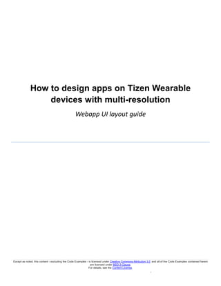 Except as noted, this content - excluding the Code Examples - is licensed under Creative Commons Attribution 3.0 and all of the Code Examples contained herein 
are licensed under BSD-3-Clause. 
For details, see the Content License. 
. 
How to design apps on Tizen Wearable devices with multi-resolution 
Webapp UI layout guide 
 