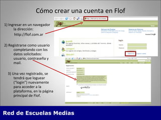 C ómo crear una cuenta en Flof 1) Ingresar en un navegador la direcci ón:  http://flof.com.ar 2) Registrarse como usuario completando con los datos solicitados: usuario, contraseña y mail. 3) Una vez registrado, se tendr á que loguear (“login”)  nuevamente para acceder a la plataforma, en la página principal de Flof. .  
