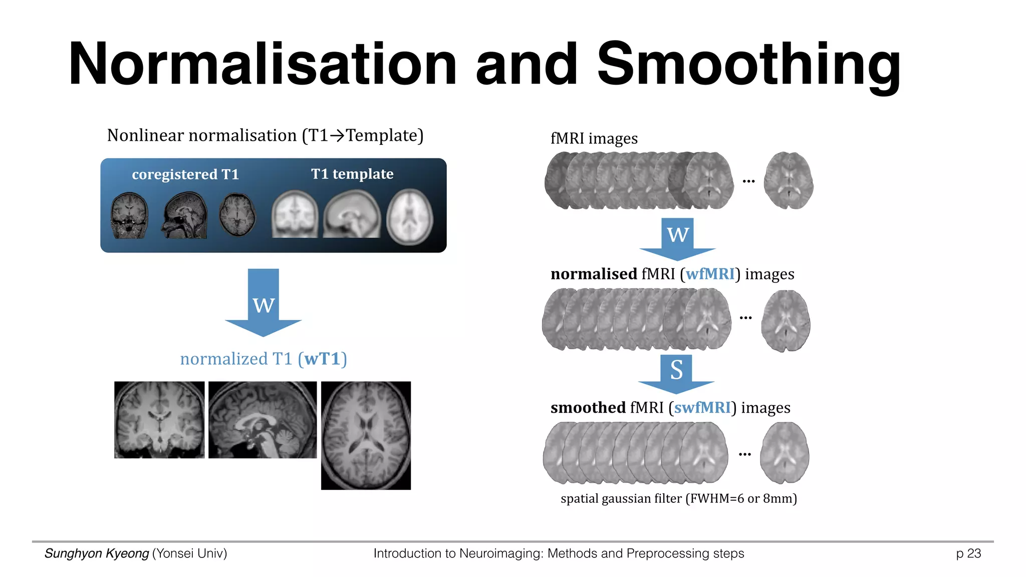 Sunghyon Kyeong (Yonsei Univ) Introduction to Neuroimaging: Methods and Preprocessing steps p 23
coregistered	
  T1 T1	
  template
normalized	
  T1	
  (wT1)
fMRI	
  images
...
...
normalised	
  fMRI	
  (wfMRI)	
  images
...
smoothed	
  fMRI	
  (swfMRI)	
  images
Nonlinear	
  normalisation	
  (T1→Template)
w
w
spatial	
  gaussian	
  ?ilter	
  (FWHM=6	
  or	
  8mm)
S
Normalisation and Smoothing
 