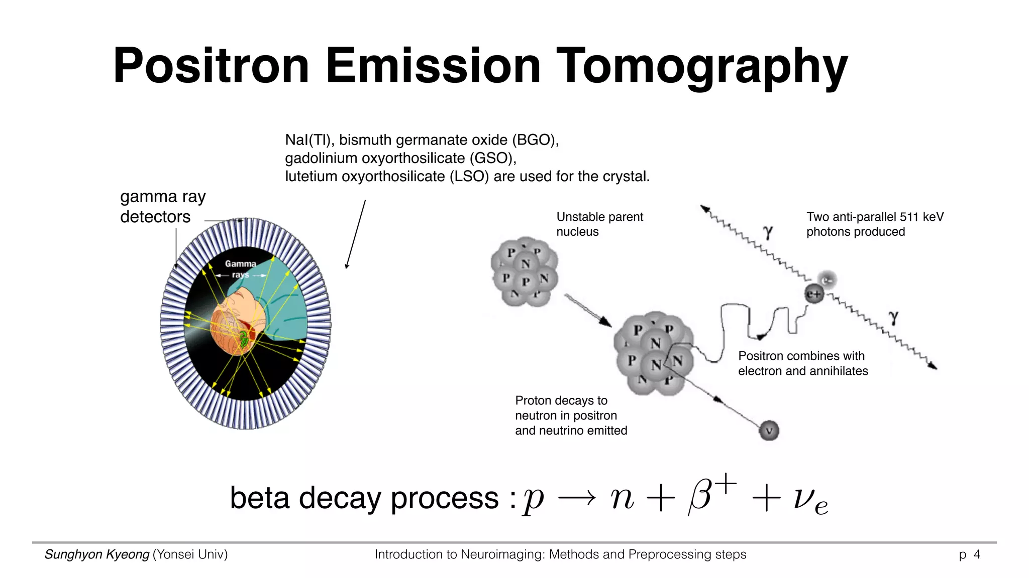 Sunghyon Kyeong (Yonsei Univ) Introduction to Neuroimaging: Methods and Preprocessing steps p 4
Positron Emission Tomography
gamma ray 
detectors Unstable parent 
nucleus
Proton decays to 
neutron in positron  
and neutrino emitted
Positron combines with 
electron and annihilates
Two anti-parallel 511 keV 
photons produced
p n + +
+ ⇥ebeta decay process :
NaI(Tl), bismuth germanate oxide (BGO),  
gadolinium oxyorthosilicate (GSO),  
lutetium oxyorthosilicate (LSO) are used for the crystal.
 