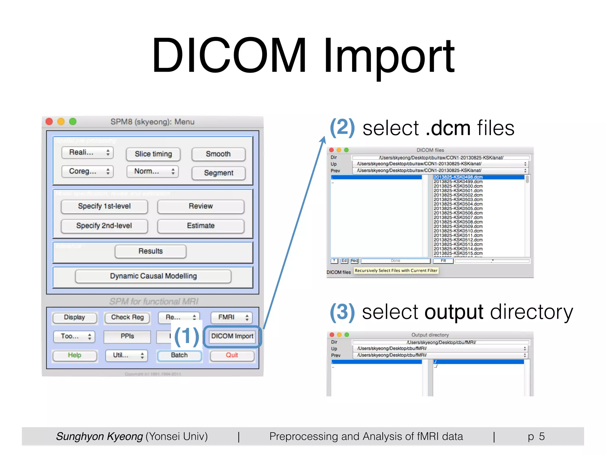 Sunghyon Kyeong (Yonsei Univ) | Preprocessing and Analysis of fMRI data | p
DICOM Import
5
(1)
(2)
(3)
select .dcm ﬁles
select output directory
 